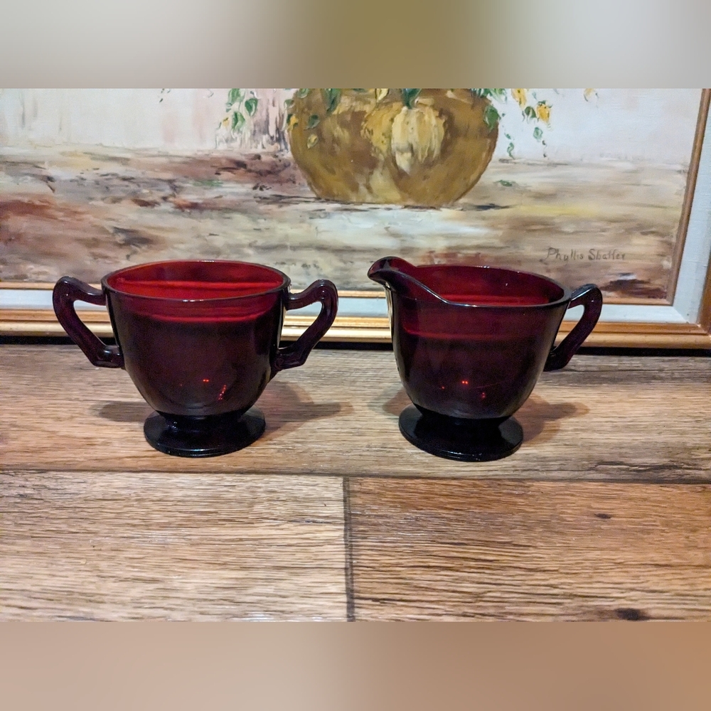 Vintage Anchor Hocking Royal Ruby Red Cream and Sugar Depression Glass
